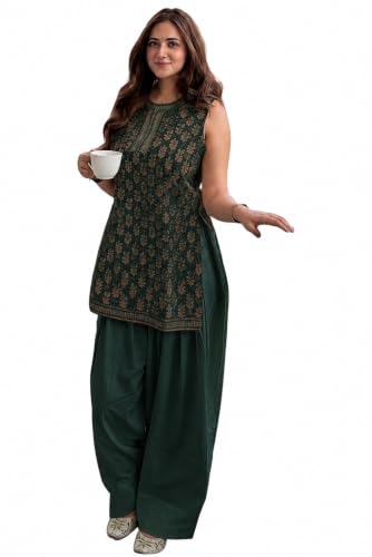 Image of ANNI Designer Farshi Salwar Suit for Women Cotton Printed | Co Ord Set for Woman | Straight Kurta Palazzo Outfit Mandarin Collar Sleeveless Ethnic Dress Womens Clothing