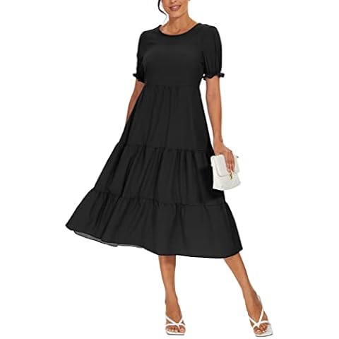 YUNDAI Women's Summer Casual Maxi Boho Dress Floral Print Ruffle Puff Sleeve High Waist Modest Long Dresses, Medium Black Cover