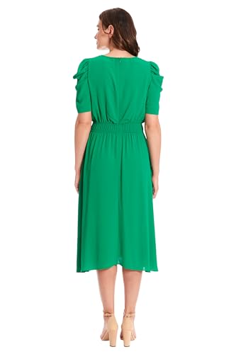 Image of London Times Women's Caterpillar Puff Sleeve Midi Dress - Gathered Waist A-Line Flowy Summer Dress
