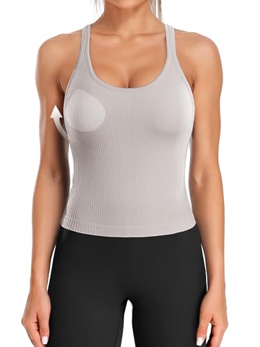 Image of ATTRACO Ribflex Ribbed Workout Crop Tops with Built in Bra for Women Yoga Racerback Tank Top Slim Fit