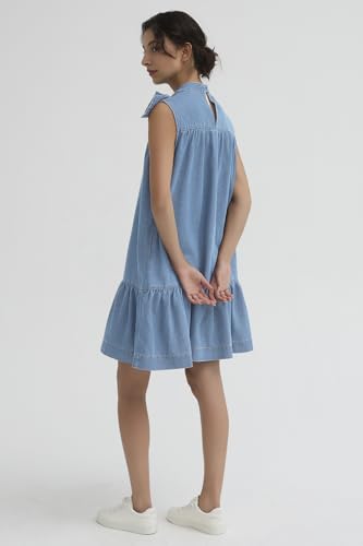 Image of EZAPINE Denim Dress for Women Summer Sleeveless Mock Neck Ruffle Hem Babydoll Jean Dress with Bow