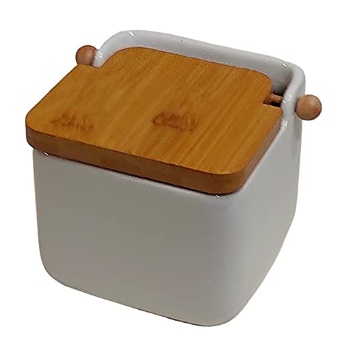 Salero de Cocina con Tapa Madera de Bambú, Salero de Ceramica (DOLOMITE) Blanco 12 X 12 X 11 y Tapa Basculante. Diseño cuadrado de fácil apertura y gran capacidad.Salero, azucarero o especiero Cover