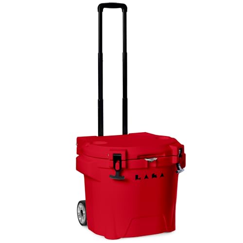 Image of Laka Cooler with Wheels - 30QT Rotomolded Insulated Rolling Hard Cooler, Telescoping Handle, Holds 24 Cans + Ice, Up to 7 Days Cold, Drain Plug, Cup Holders + Bottle Opener, Beach /Camping /Boat