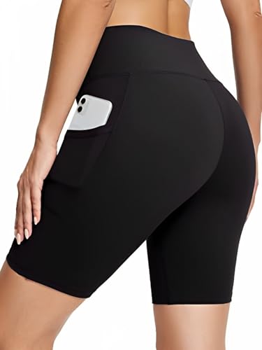 Image of Women's Polyester Stretchable Gym Shorts with Side Pockets High Waist Slim Fit Above Knee Length Activewear Tights Gym Fitness Cycling Running Yoga Shorts for Women