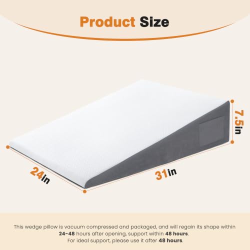 Image of Vekkia 31 inch Extra-Long Wedge Pillow for Sleeping & Resting, Back Support | 7.5 inch Height Bed Wedge for Adult Acid Reflux Relief, Sleeping, Snoring, Post Surgery, Washable Cover & Dual Pockets,White /Gray