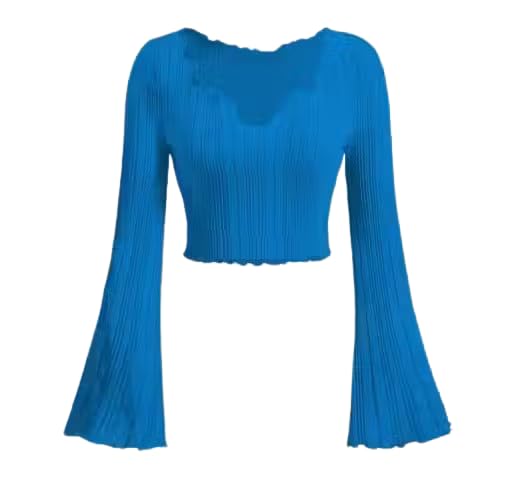 Image of V-Neck Notched Flared Sleeve Top for Women | Stylish Polyester Long Sleeve Blouse for Casual Wear 450