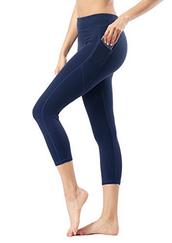 Dragon Fit Pockets Compression Yoga Pants Tummy Control 4 Way Stretch Workout Running Yoga Leggings Non See-Through (Medium, Pockets-Capri13-Blue)