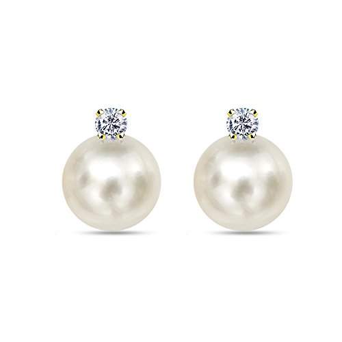 Amazon Collection 18K Yellow Gold 1/5Cttw Diamond With 9-9.5Mm Round White Freshwater Cultured Pearl Stud Earrings #TOP2