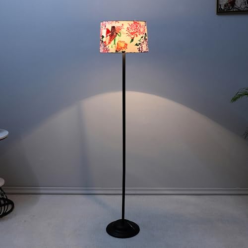 Image of tu casa Black Metal-Iron Base Foldable Floor Lamps with Carnation Print & Satin Shade for Bedroom, Living Room, Lounge, Office Area, Gifting Without Bulb for Home Decoration (Height - 53 inch)