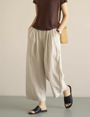 Yeokou Womens Linen Pants Summer Casual Capris Cropped Wide Leg Beach Trousers with Pockets(Beige-S)3