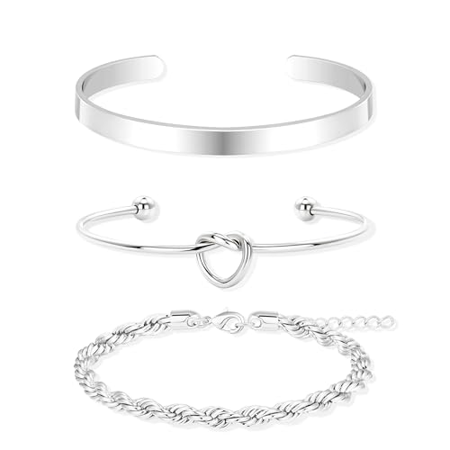 Sterling Silver Plated Bangle Bracelets Stack for Women, Silver Cuff Link Chain Bracelets Set, Trendy Waterproof Jewelry Gifts Adjustable