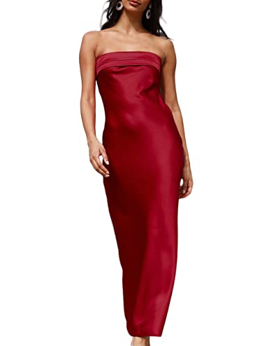 Realtix Satin Silk Backless Tube Tops Maxi Dress for Women Low Ba...