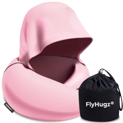 Image of FlyHugz 2.0 Hooded Travel Pillow - 2026 Original Release - Memory Foam Neck Pillow with Adjustable Hood & Premium Elastic Washable Cover - First Class Comfort for Flights, Road Trips & Sleep- Pink