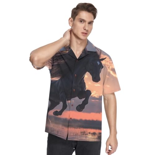 Chemise hawaïenne homme avec cheval noir gallopant pour vos looks de plage décontractés
