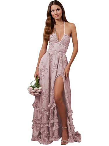 Floral Chiffon Bridesmaid Dress Pearl Halter Formal Evening Gown Ruffle Hem Long Prom Dress with Slit ZD246