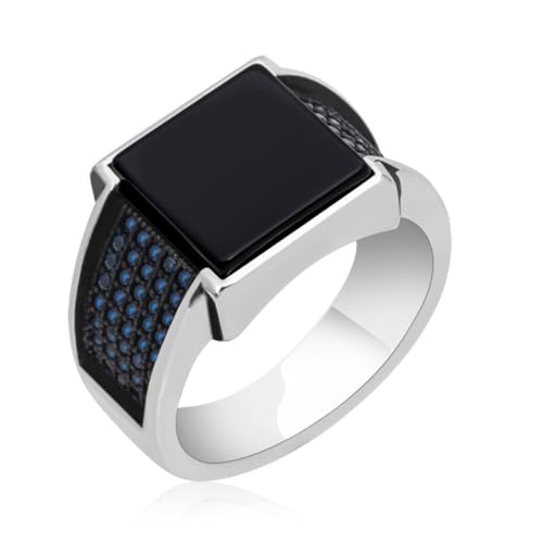 925 Sterling Silver Square Stone Men’s Ring – Handmade Statement Band with Side Accents Detailing