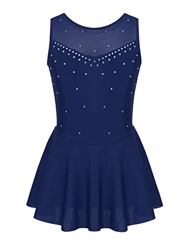 iiniim Enfant Fille Robe Patinage Artistique sans Manche Robe De Danse Classique Sport Gymnastique Yoga Cristal Brillant Dancewear 5-16 Ans Bleu Marin 15-16 Ans