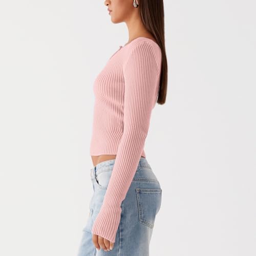 Image of Women Off Shoulder Long Sleeve Sweater Y2K Ribbed Knit Pullover Solid Crop Top Going Out Boat Neck Blouse