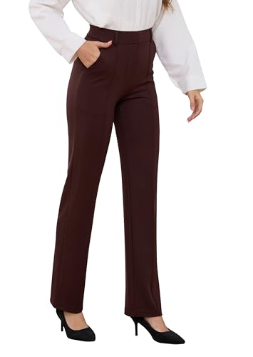 Yoga Dress Pants for Women Straight Leg Stretchy Pull On High Waisted Pants Woman Business Slacks Casual Work Office with Tuck Line Zipper Pockets 27