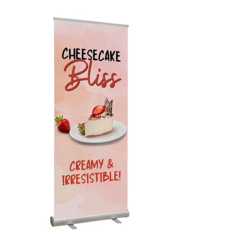 Food Retractable Stand Banner by DC | 33"x81" Roll-Up Display | Cheesecake Bliss Creamy Irresistible Vertical Pull-Up Banner for Trade Shows & Events | Made in USA | (Stand Not Included)