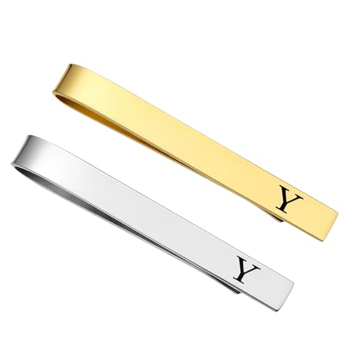 Image of GWD Stainless Steel Tie Clips for Men Personalized Initial Tie Bar Set | 2 Pcs Classic Letter Tie Clips for Men, Silver and 14K Gold Plated Tone