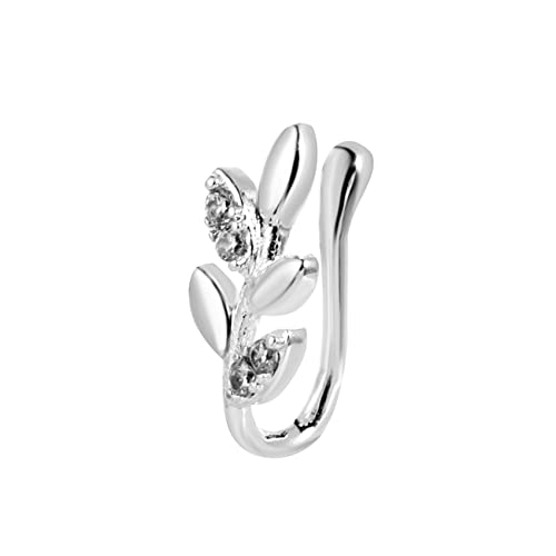LEDFY Faux Anneaux De Nez Hoop Clip Nez Cuff sur Faux Setump Cartilage Tragus Anneau Non Piercing Bijoux Nez Corps Piercing pour Femmes Hommes,Argent (Herbe d'argent) Cover