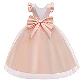 IWEMEK Blumenmädchenkleid mit V-Rücken Rüschenärmel Bowknot Satin Tüllkleid Prinzessinenkleid Hochzeit Brautkleider Kinder Festliches Ballkleid Abendkleid Lang Kommunionkleid Champagner 7-8 Jahre