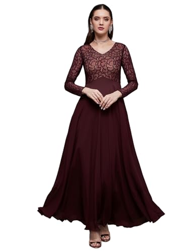 Miss Chase Women's V-Neck Full Sleeve Self Design Lace-Overlaid Georgette Maxi Dress (MCSS25D93-28-371-04, Merlot Wine, M)