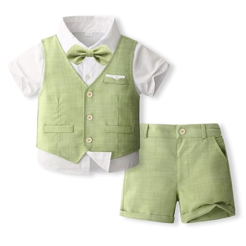 Volunboy Trajes para Bebé Niños de Boda Ceremonia, Verano Conjunto de Chaleco, Camisa, Pajarita, Shorts 4 Piezas(12 18 meses,Verde claro,Etiqueta tamaño 80