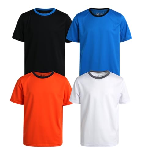 Pro Athlete Boys Athletic Shirts - 4 Pack Moisture Wicking Active Performance Shirt for Boys - Lightweight Dry Fit Shirts, Size 8, Orange/Blue/White/Black