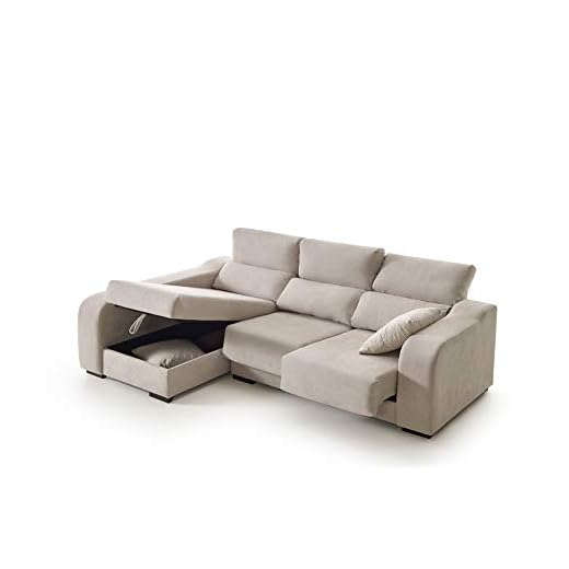 ECCOX - Sofá Chaise Longue Zafiro de 3 Plazas - Asientos Deslizantes, Cabeceros Reclinables y Arcón de Almacenaje - Chaiselonge Izquierda Tapizado en Tela Antimanchas - Color Beige