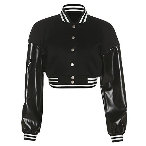 Xaspee Women's Casual Baseball Jacket Faux Leather Colorblock Button Crop Bomber Jacket4