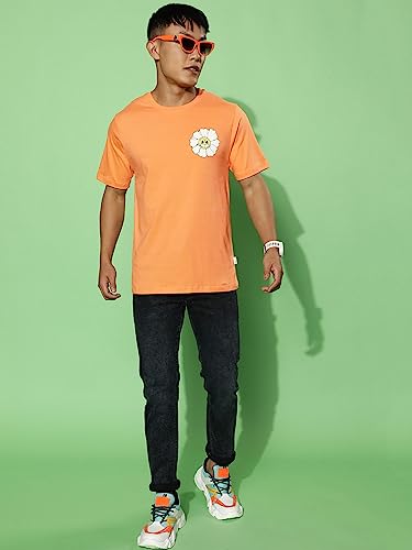 Image of Veirdo Cotton Blue Radiance & Orange Regular Fit Half Sleeve Crew-Neck Printed T-Shirt for Men