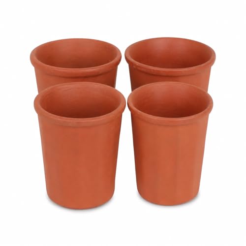 Image of KSI Earthen Clay Drinking Glass Set of 4 | 225 ml Mitti Tumbler for Water Lassi Tea Milk | Brown Unglazed Terracotta Glasses | Traditional Clay Drinkware for Kitchen and Dining