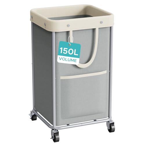 JYPS Panier a Linge sur Roulettes, 150L Grande Capacité Paniere a Linge Sac à Linge Amovible, Bac a Linge Stabilisé en Tube D'acier avec poignée, Laundry...