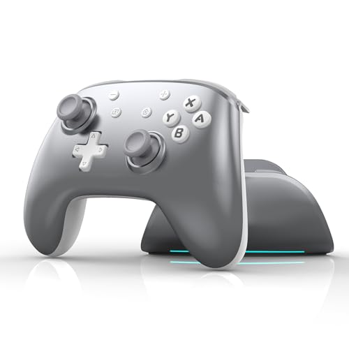 Image of IINE Wireless Pro Controller with Charging Dock, PC Controller with Macro /Turbo /Rumble /NFC /Motion Sensor Function, Multi-Platform Gamepad Compatible with Switch /PC /Steam /Phone /Tablet (Bright Silver)