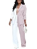  Minetom Tailleur Femme 2 Pièces Elegant Blazer Veste Formel Bureau Travail Pantalon Costumes Bloc de Couleur Manteau Ensemble A Rose XXL