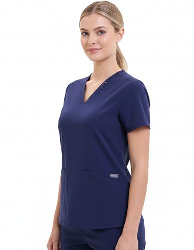TINYLEMON Women Scrub Top - 3 Pockets V-Neck Slim Fit with Badge Loop Soft Four-Way Stretch Anti-Wrinkle Navy Blue Medium - image 1