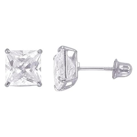 14kt Solid White Gold Superbright Clear Cz Basket Setting Square Screwback Stud Earrings (7mm) Cover