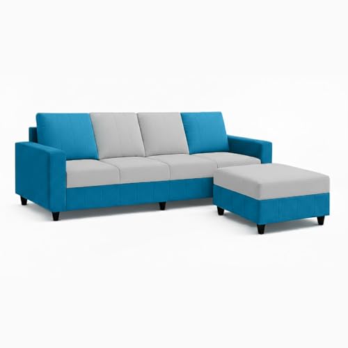 Image of Stryker Plush 5 Seater L Shape Sofa Set with Movable Ottoman | Flexible Layout |Silken Velvet Suede | Designer Sofa for Living Rooms & Office Spaces (Aqua Blue & Light Grey)