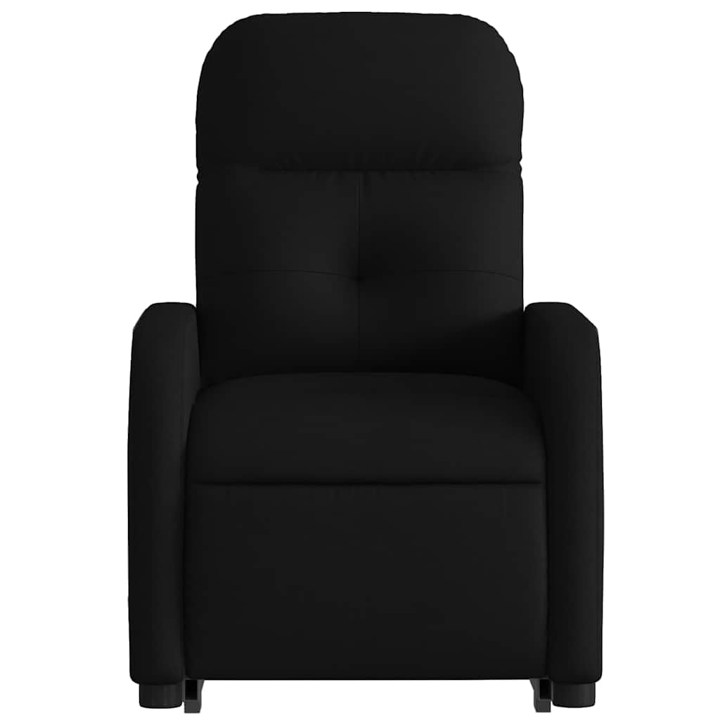 Sillón elevador reclinable eléctrico de tela negra con motor para elevación e inclinación hasta 135 grados, estructura estable y bolsillo lateral para máximo confort