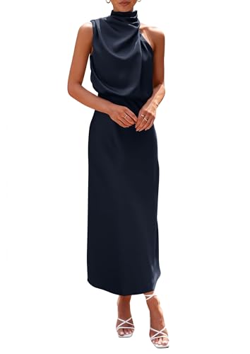 PRETTYGARDEN Women's 2025 Summer Satin Dress Elegant Sleeveless Mock Neck Cocktail Party Maxi Dresses (Dark Navy,Medium)