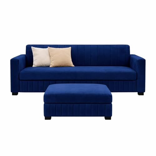 Image of FURNY Gracina 4 Seater L Shape Sofa Set with Movable Ottoman | Flexible Left or Right Layout | Plush Velvet Fabric (Dark Blue) | Perfect for Living Room, Guest Room & Office