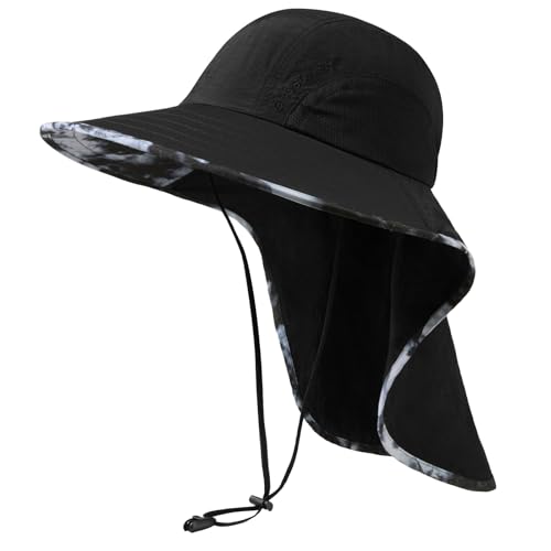 Image of BASSDASH UPF 50+ Unisex Water Resistant Wide Brim Sun Hat with Large Neck Flap Ponytail Fishing Hat for Men Women