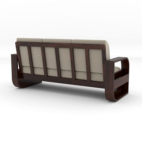 Image of Solid Sheesham Wooden 3 Seater Sofa Set with Light Taupe Cushion for Living Room Furniture - Walnut Finish