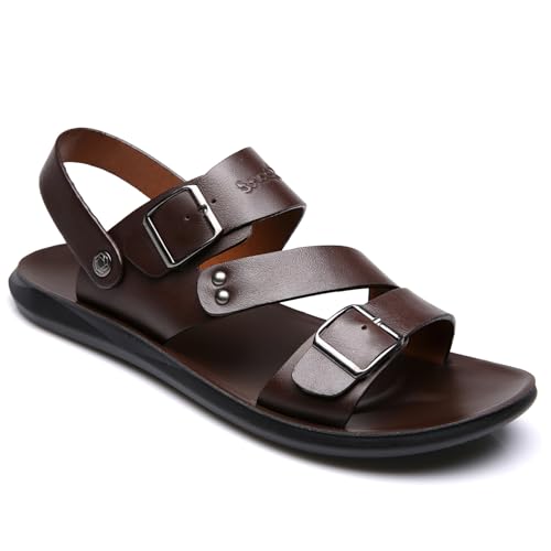 Exusiai Men Black Soft Flat Sandals Adjustable Dual Buckle Leather Slip-On Beach Sandals Open Toe Non-Slip Casual Comfortable - Main Image