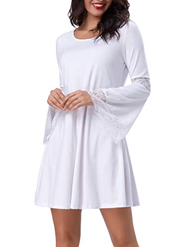 Kate Kasin Women Round Neck Long Sleeve Swing Casual Dresses Cotton White S,KK761-2
