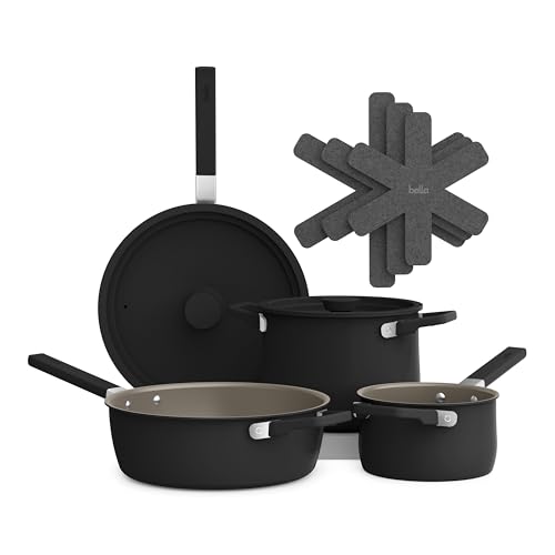 Image of bella 9 Piece Ceramic Nonstick Cookware Set, Fits-anywhere™ Kitchenware w EverGood™ Coating, Dishwasher & Oven Safe, All Stovetops Compatible, Stackable Design, Cool Touch Handles, Black