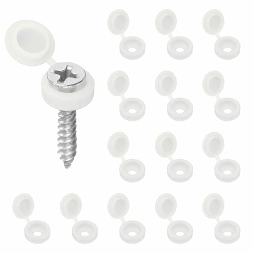 HARFINGTON 200pcs Plastic Hinged Screw Cover Caps 3.1mm / 0.12" Shutter Screw Caps Fold Snap Washer Covers for Windows Outside Railings Furniture, White