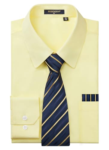 Image of HISDERN Mens Dress Shirt with Tie Pocket Square Set Classic Button Down Shirt Matching Tie Long Sleeve Shirts
